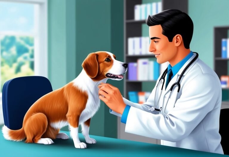 Veterinarian examining a brown and white dog in an office setting