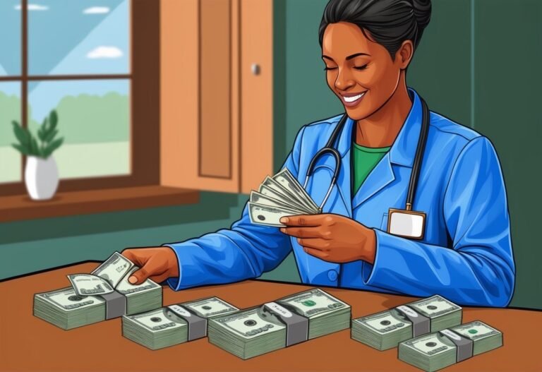 Smiling doctor counting stacks of money on a table