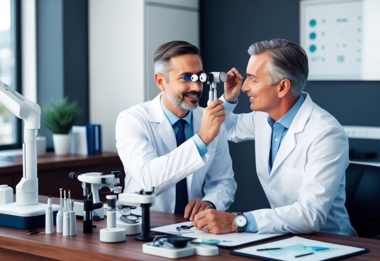 Two doctors in lab coats examining an eye with medical equipment