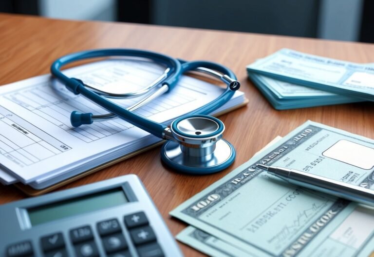 Stethoscope, forms, checks, calculator, and money on a wooden desk