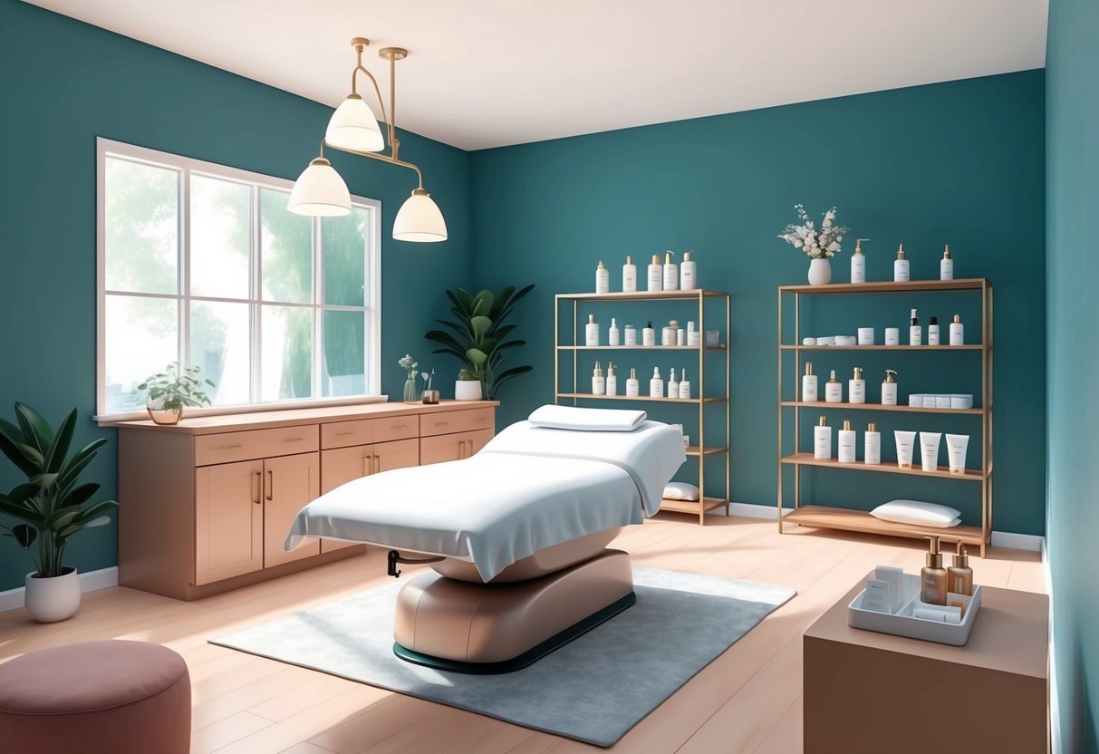 Spa room with treatment bed, shelves of products, and large window