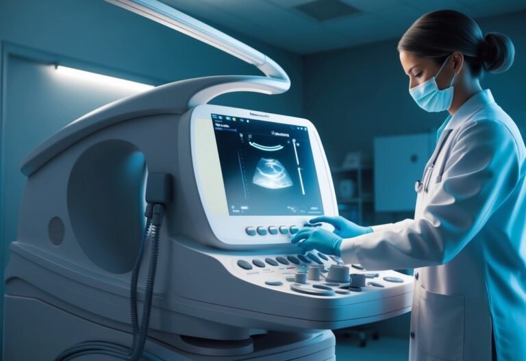 Doctor using an ultrasound machine, looking at the screen in a medical setting