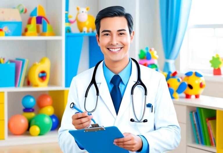 Smiling pediatrician holding a clipboard and stethoscope in a colorful playroom