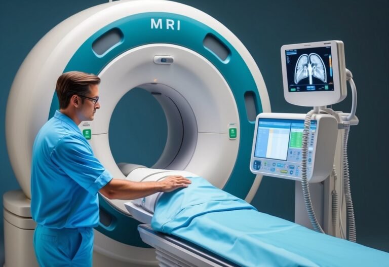 Doctor preparing a patient for an MRI scan, with a monitor displaying lungs