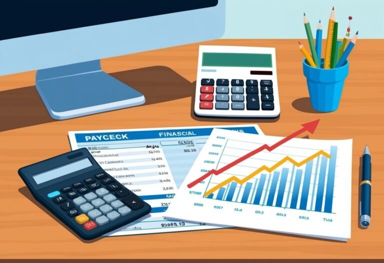 Desk with calculator, financial documents, pencils, and a computer monitor