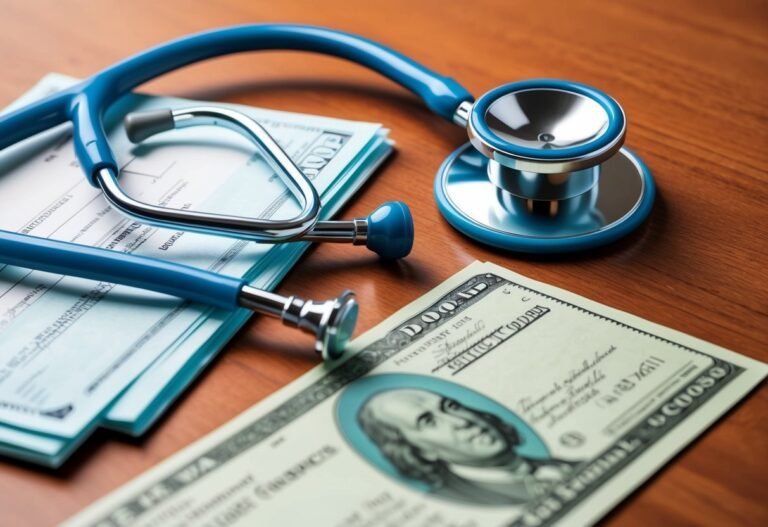 Blue stethoscope on top of checks and a hundred dollar bill
