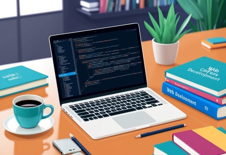 Laptop with code, books, coffee, and plant on a desk