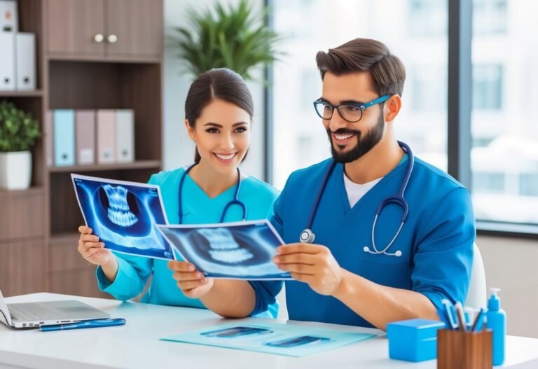 Two smiling doctors in scrubs examining dental X-rays together