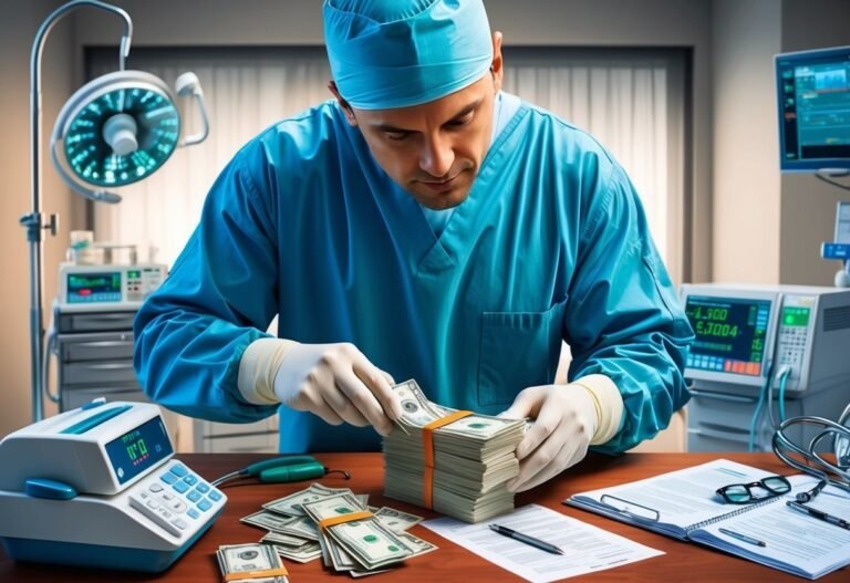 Surgeon in scrubs counting large stack of money in operating room