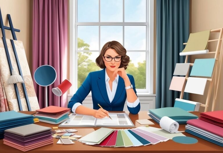 Interior designer at desk with color swatches and fabric samples