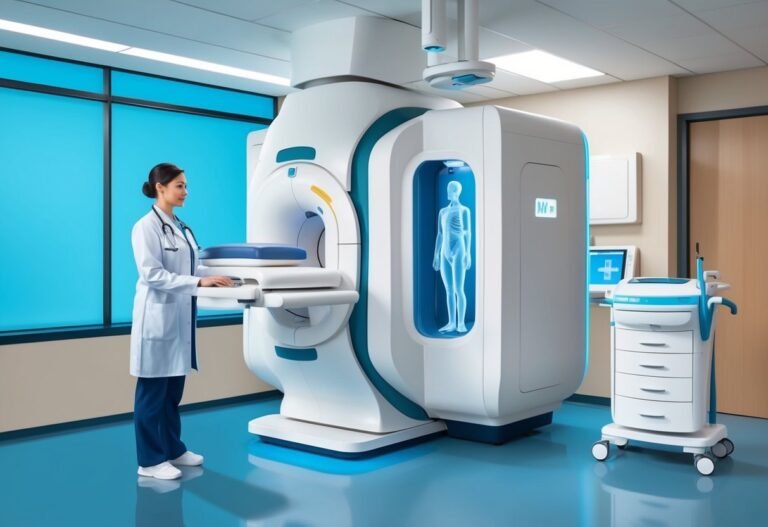 Doctor operating a futuristic MRI machine with a human skeleton display