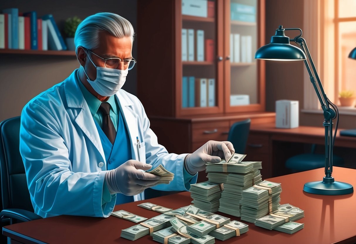 Doctor in mask and gloves counting stacks of money on a desk