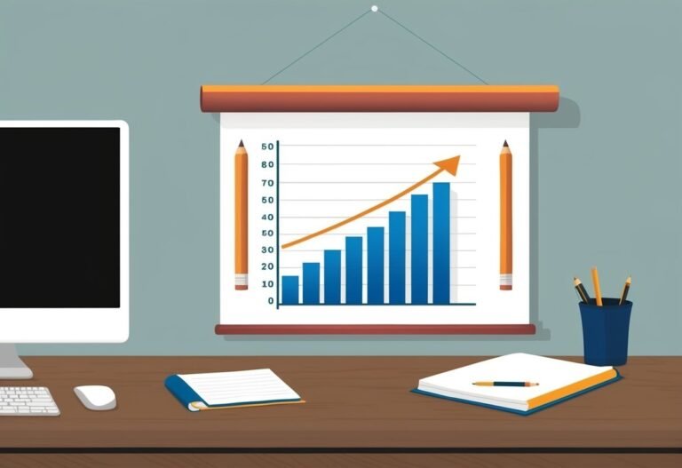 Desk with a chart showing upward growth, computer, and office supplies