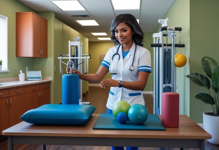 Smiling healthcare worker in a clinic with exercise equipment and tools
