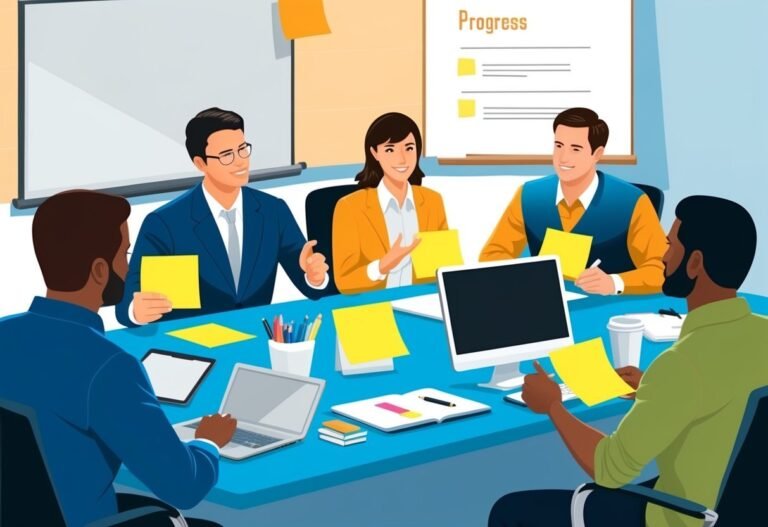 Business team meeting around a table, holding sticky notes, with progress chart