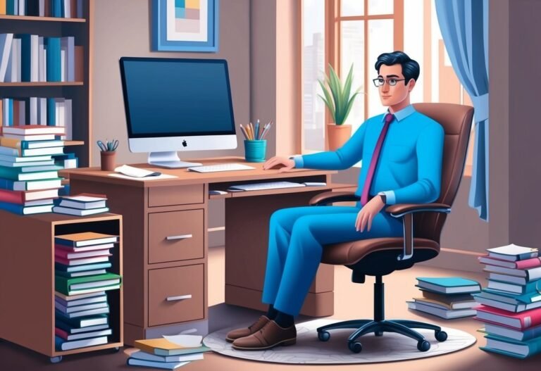 Man in blue suit sits at desk with computer and books