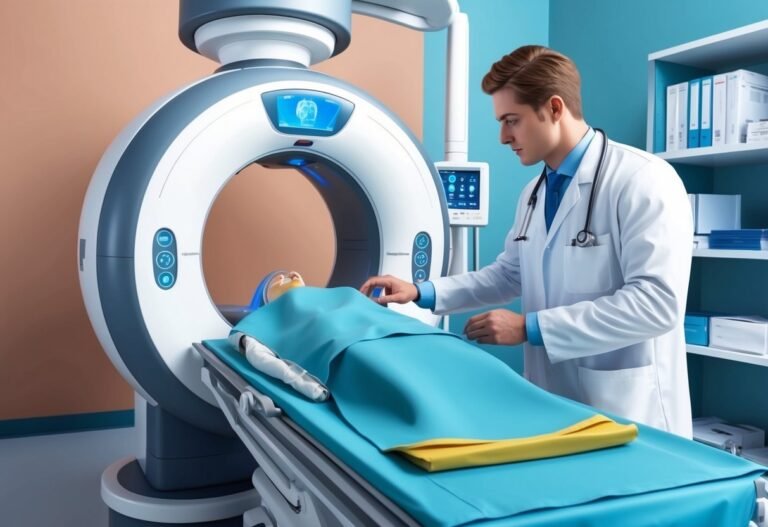 Doctor assisting patient undergoing a CT scan in a medical facility