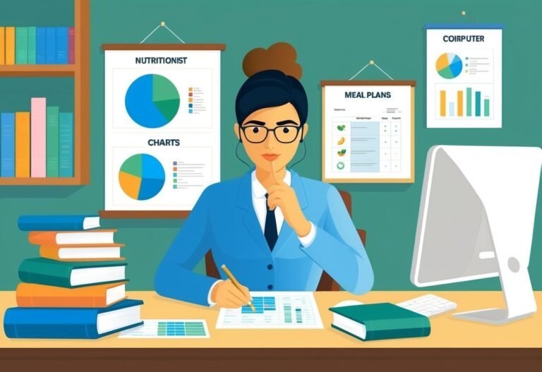 Nutritionist at desk with charts, meal plans, and computer