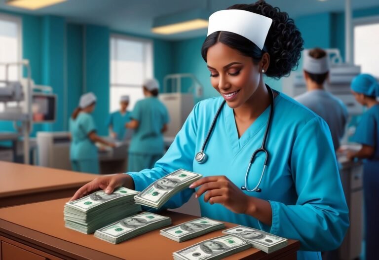 Nurse in scrubs smiles while counting stacks of hundred dollar bills