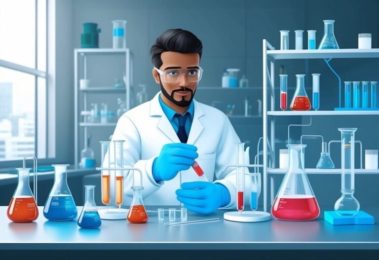 Scientist in lab coat with various beakers and test tubes, conducting research