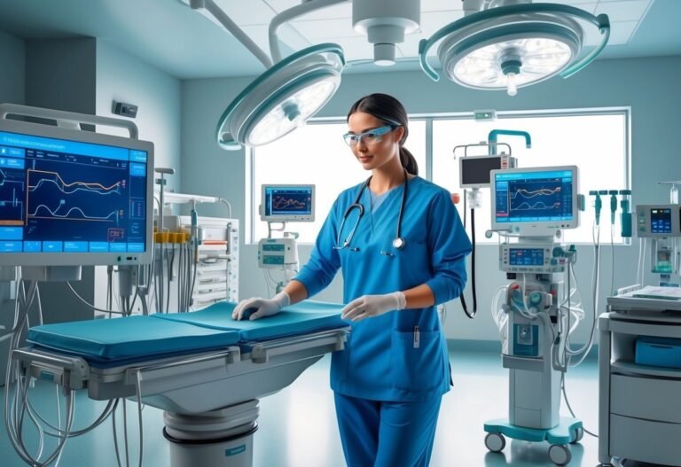 A female surgeon in scrubs stands in an operating room