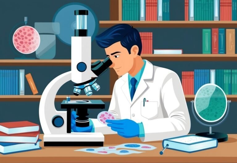 Scientist looking through a microscope at a petri dish with cells