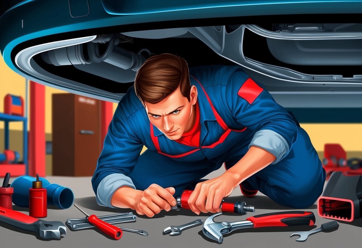 Mechanic working under a car, surrounded by tools, focused on repair