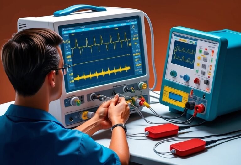 Man connecting wires to medical equipment displaying heart rate graphs