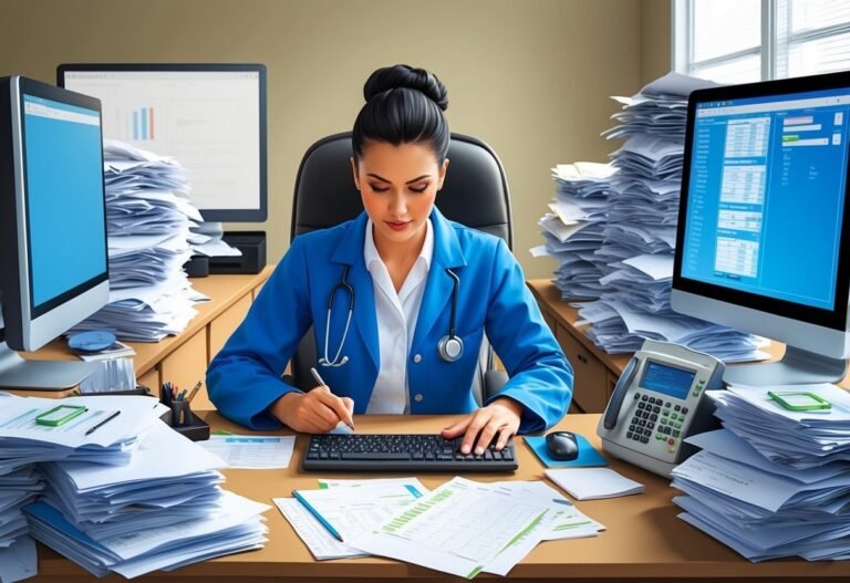 Woman in blue scrubs at desk with computer and paperwork