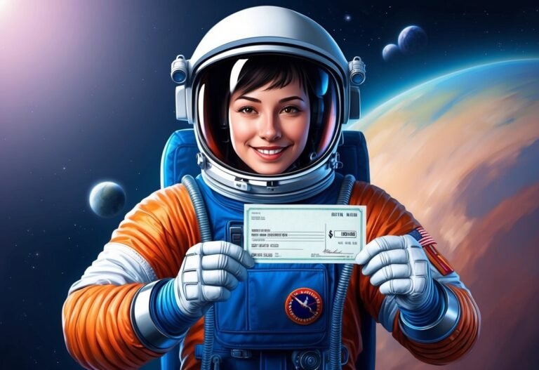 Smiling astronaut in space holding a check