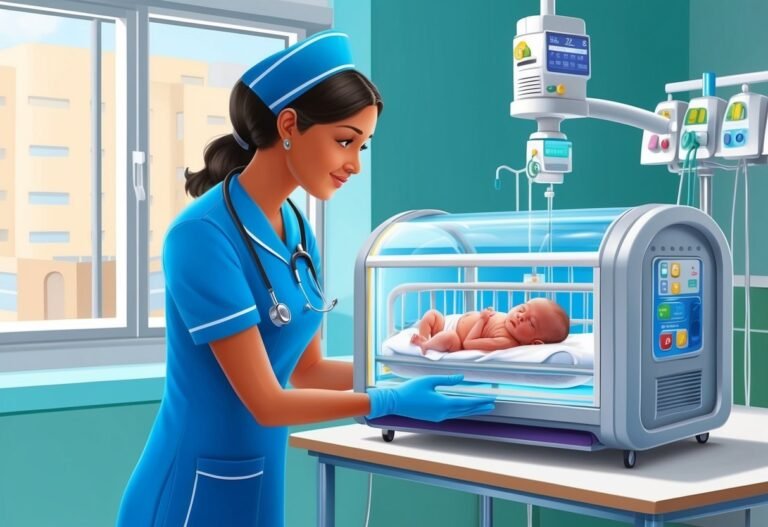Nurse looking at a newborn baby in an incubator in a hospital room