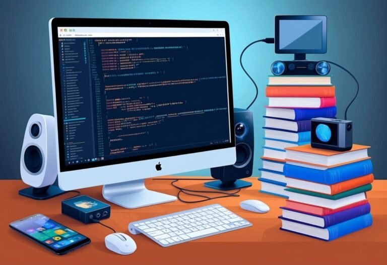 Computer with code, speakers, books, and other tech on a desk