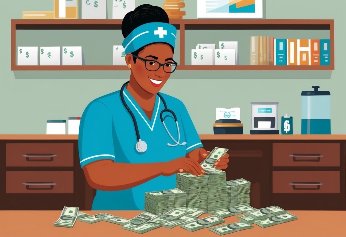 Nurse counting stacks of money on a desk, surrounded by medical supplies