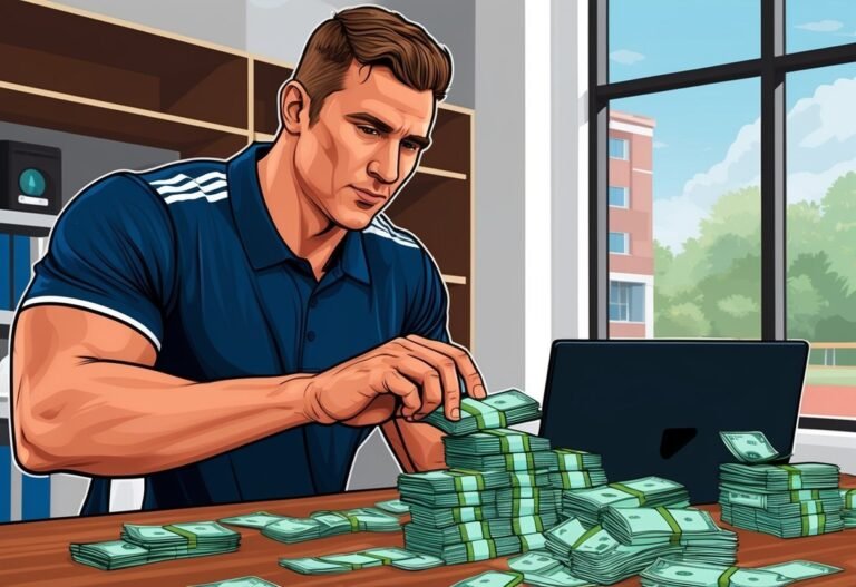Man counting stacks of money at a desk with a laptop