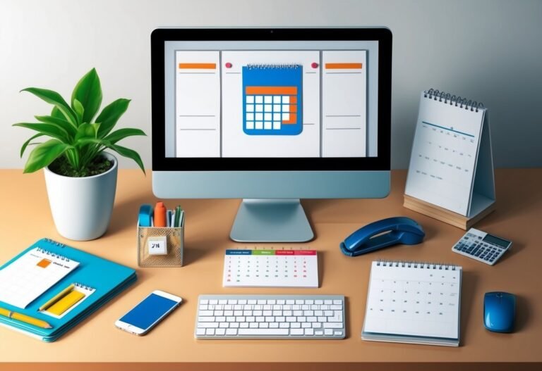 Desk with computer displaying calendar, surrounded by other calendars and office supplies