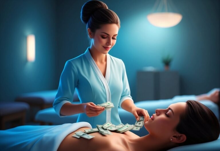 Woman in spa with money on her chest and face