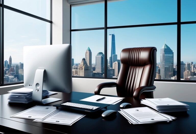 Executive office with desk, computer, chair, and city skyline view