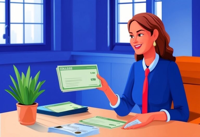 Woman holding college checks, smiling, at a desk with paperwork and a plant