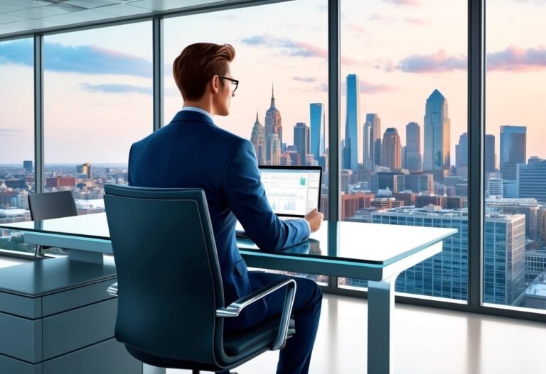 Businessman in suit looks at city skyline from office window, laptop open