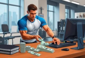 Muscular man at desk with money and computer, working in office