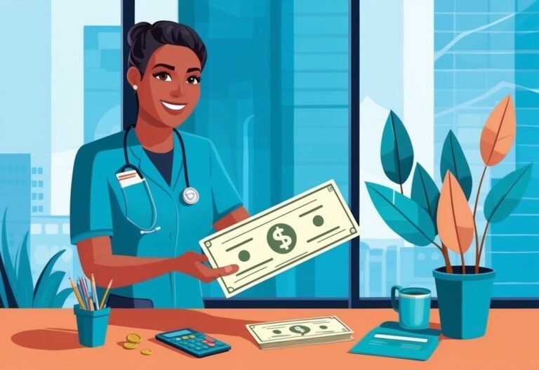Smiling nurse holding a dollar bill, desk with money, calculator, and plant