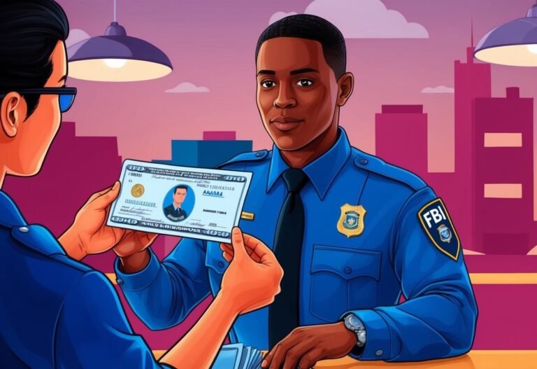 FBI agent receiving a bribe, holding a fake bill, cartoon illustration