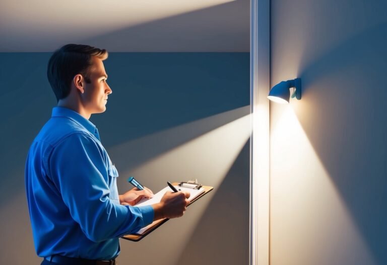 Man in blue shirt inspecting a wall light, writing on a clipboard
