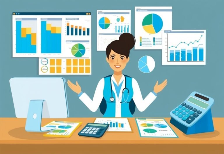 Smiling doctor surrounded by charts, graphs, computer, and calculators