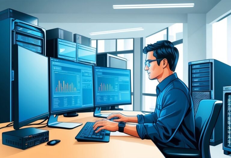 Man working on computer with multiple monitors in a server room