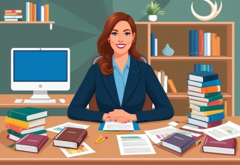 Woman in a suit at a desk with books, computer, and papers