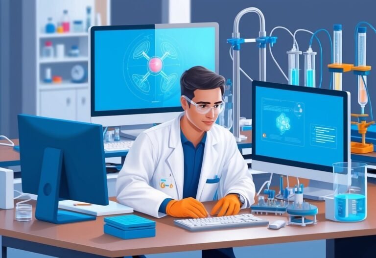 Scientist in lab coat working on computer with scientific equipment around