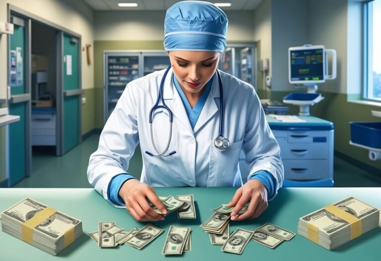 Doctor in scrubs counting stacks of cash in a hospital setting