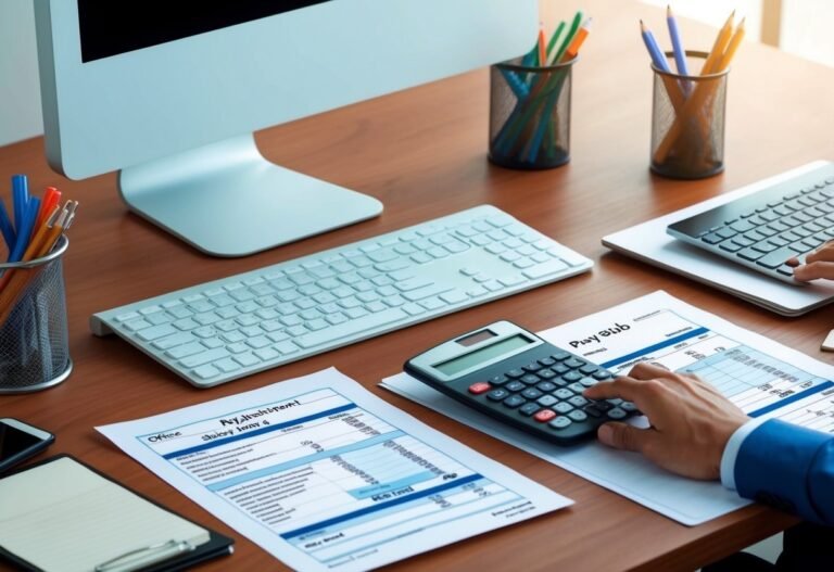 Person using a calculator on a desk with documents, keyboard, and monitor