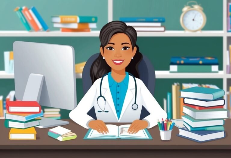 Smiling female doctor in a white coat sitting at a desk with books